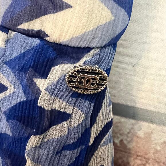 Chanel 100% Silk Chiffon Midi Dress EU 36 US 4 Small Sleeveless Blue White - Picture 4 of 13